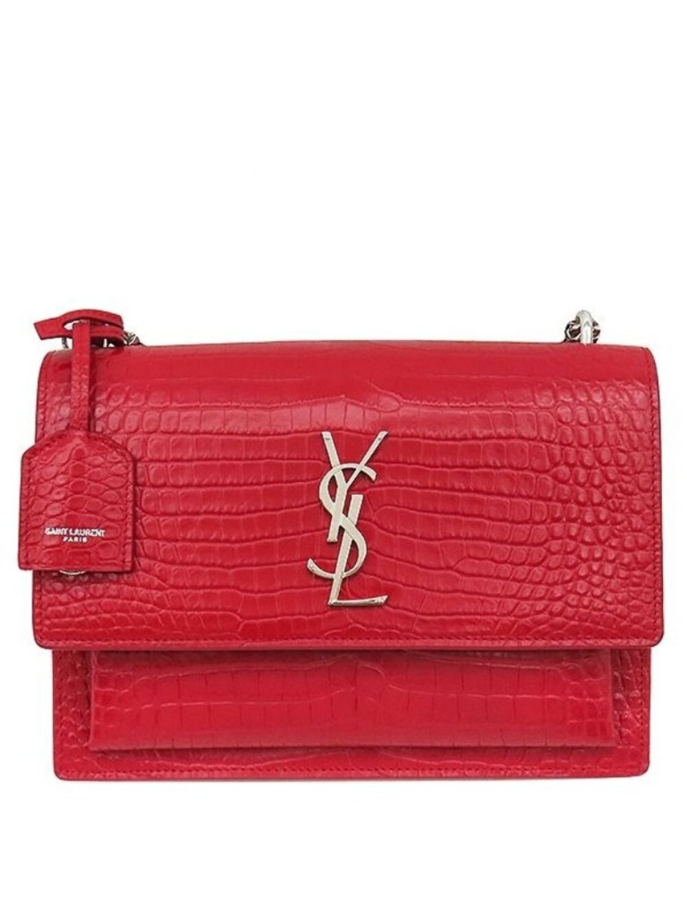 Saint Laurent Shoulder Bag Sunset Chain Leather Red Silver Croco Embossed